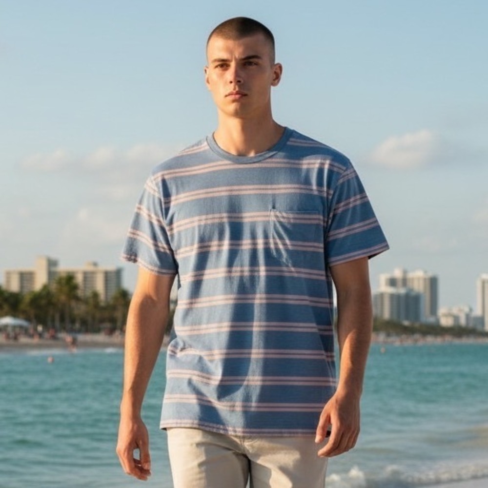 FAHERTY Sunwashed Striped Pocket T Shirt Organic Cotton Blue Pink Mens XS